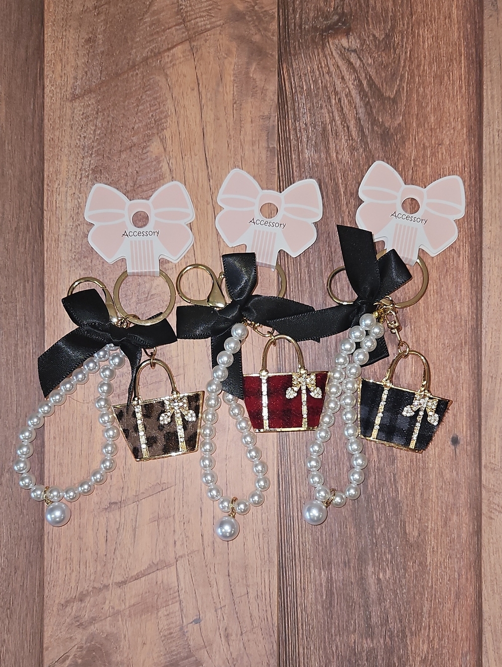 Pearl-Accent Mini Purse Keychain with Black Ribbon New